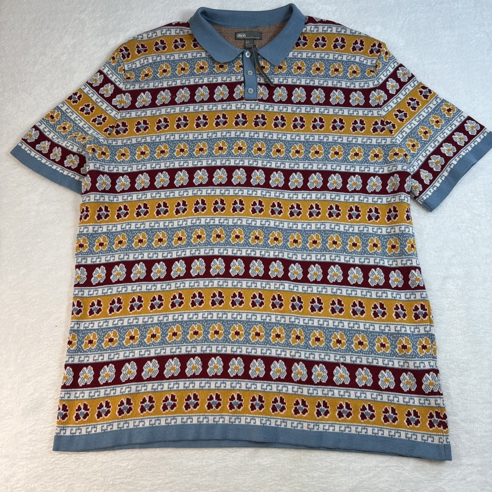 ASOS DESIGN Revere Neck Polo Shirt Multi Color‎ Texture Men's 3XL Grandpa Retro